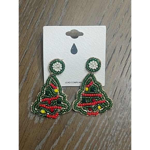 Christmas Tinsel Tree Seed Bead Earrings - Picture 2 of 2
